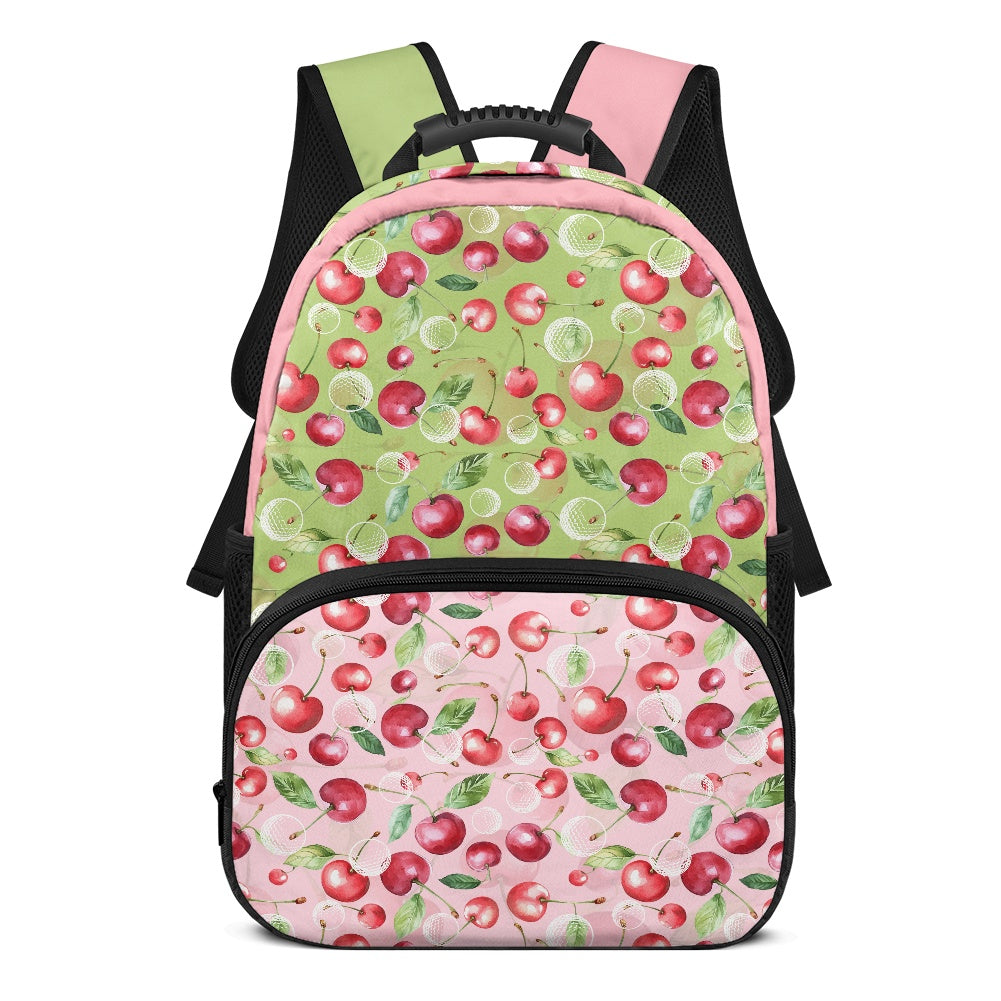 Stylish Dual-Tone Backpack with Cherry & Lime Print – 17-Inch Waterproof School Bag