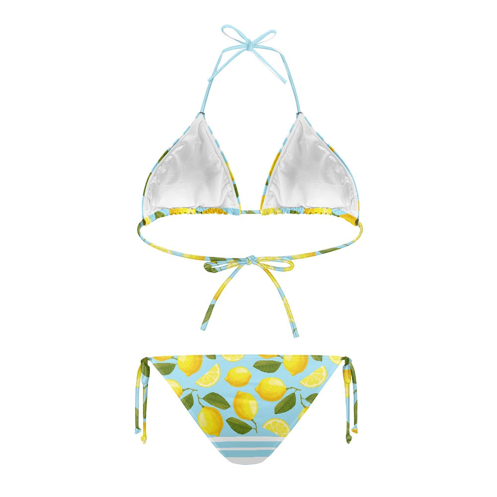 Vibrant Lemon-Print Striped Halter Bikini