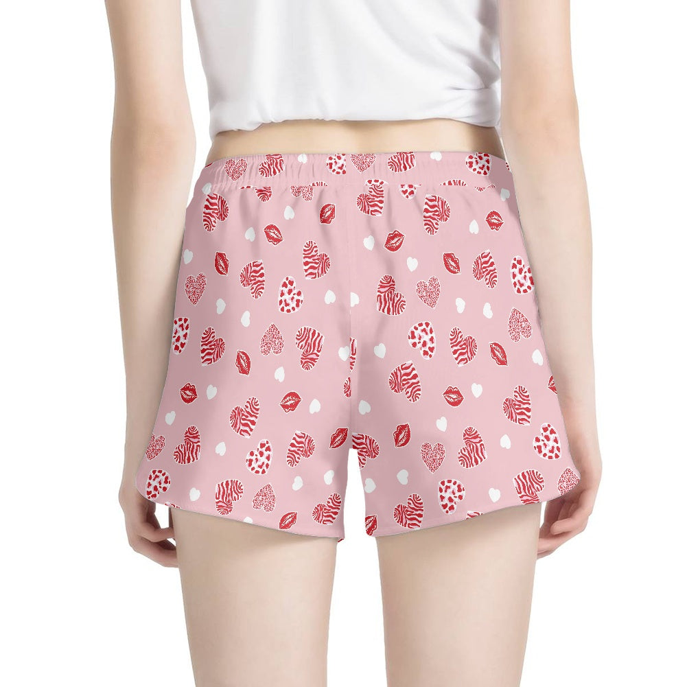 Pink Heart & Kiss Print Women’s Shorts