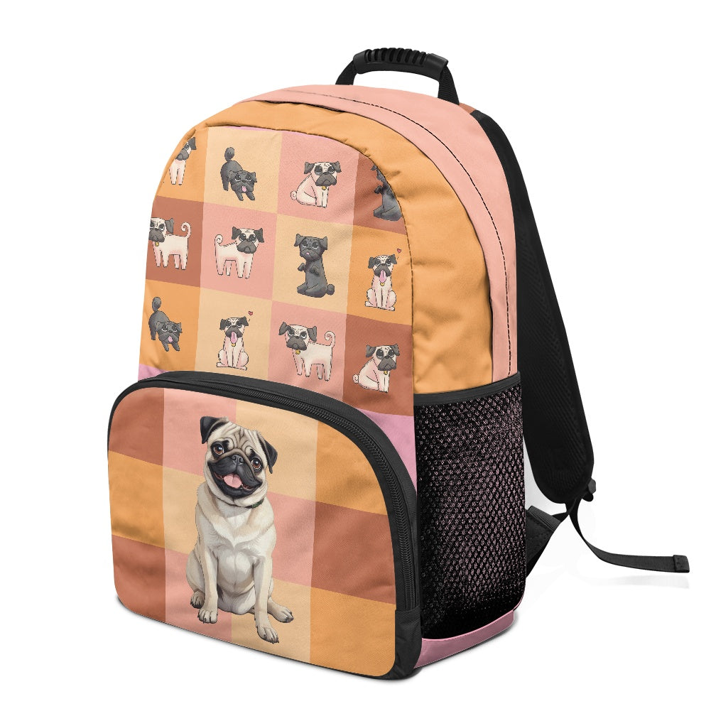 Adorable Pug Print Backpack with Checkered Design – 17-Inch School Bag
