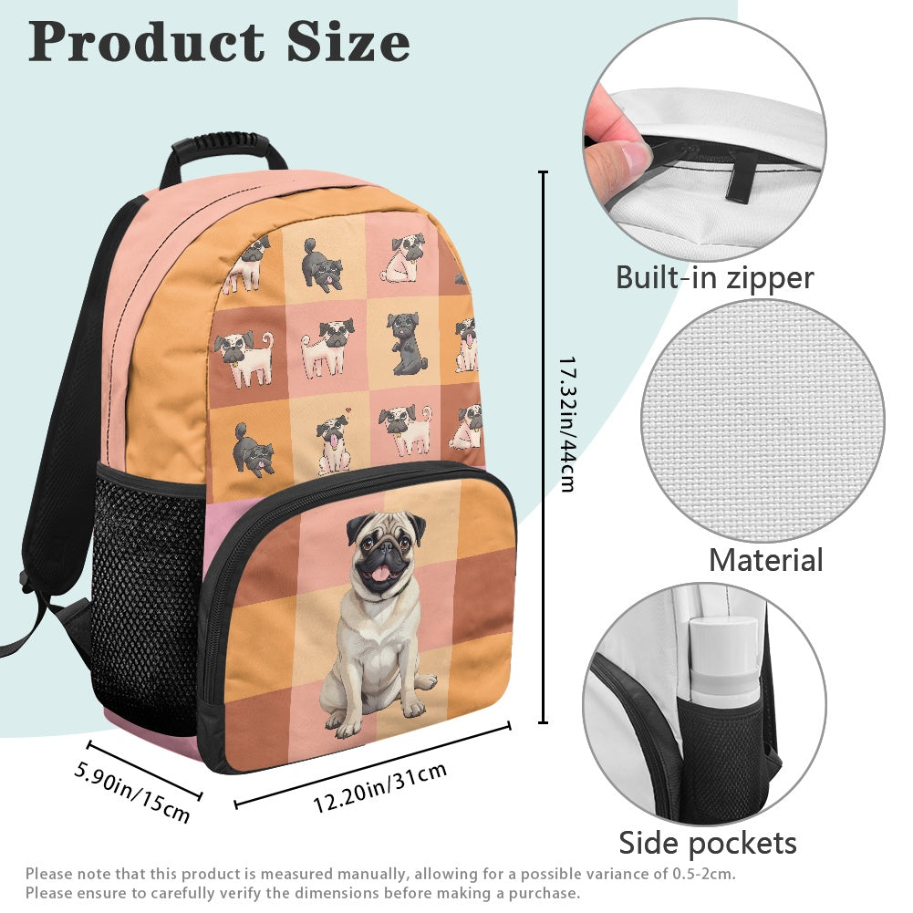 Adorable Pug Print Backpack with Checkered Design – 17-Inch School Bag