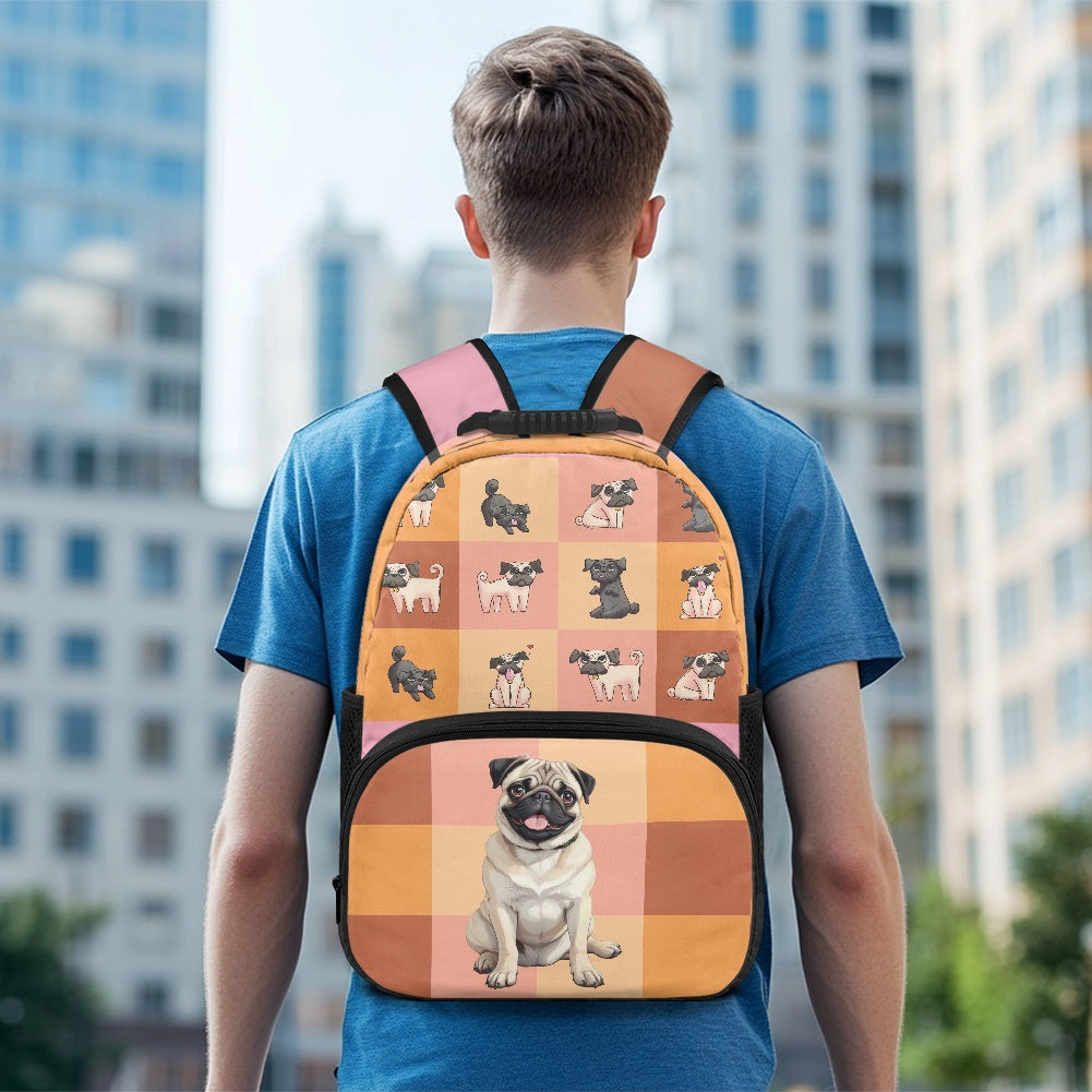 Adorable Pug Print Backpack with Checkered Design – 17-Inch School Bag
