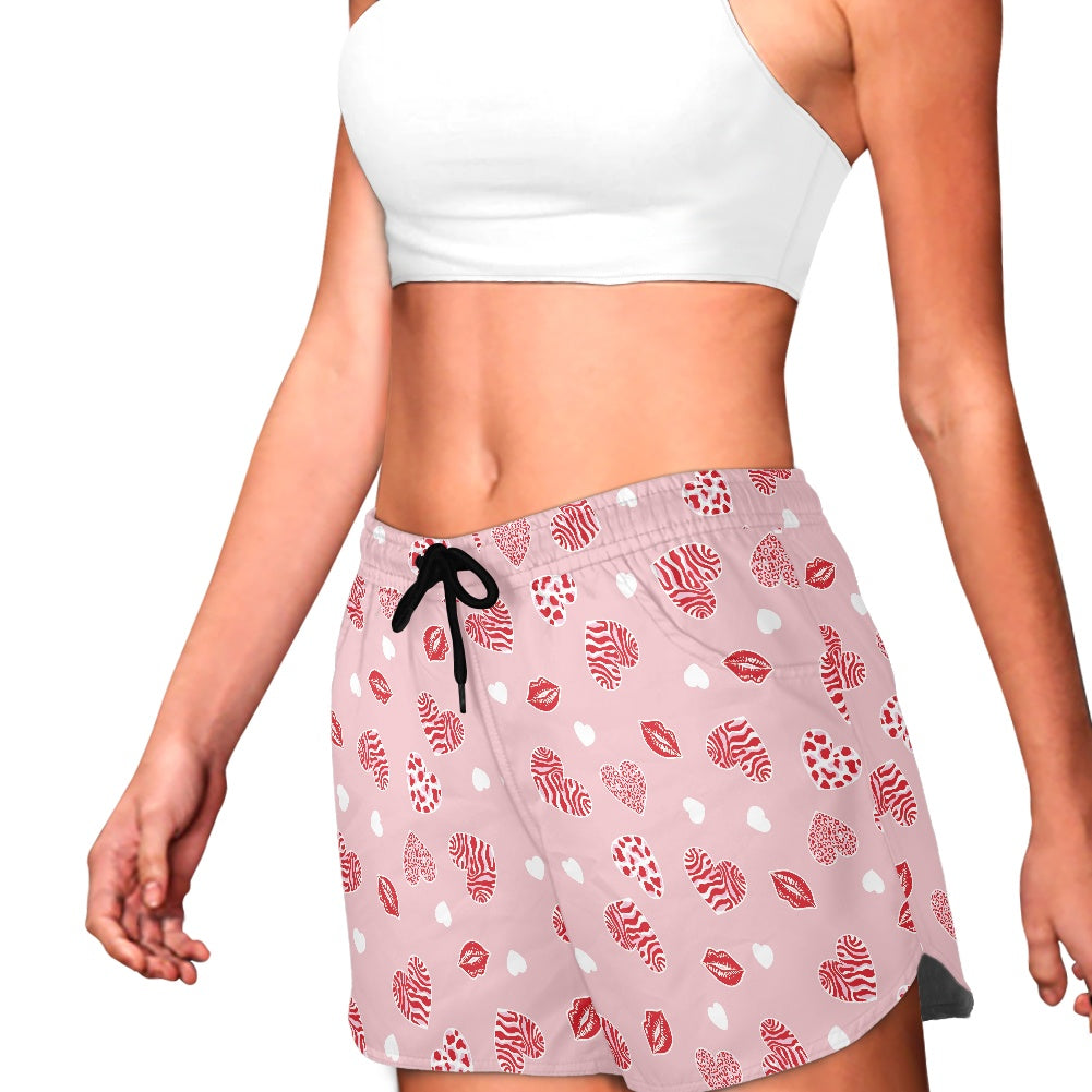 Pink Heart & Kiss Print Women’s Shorts