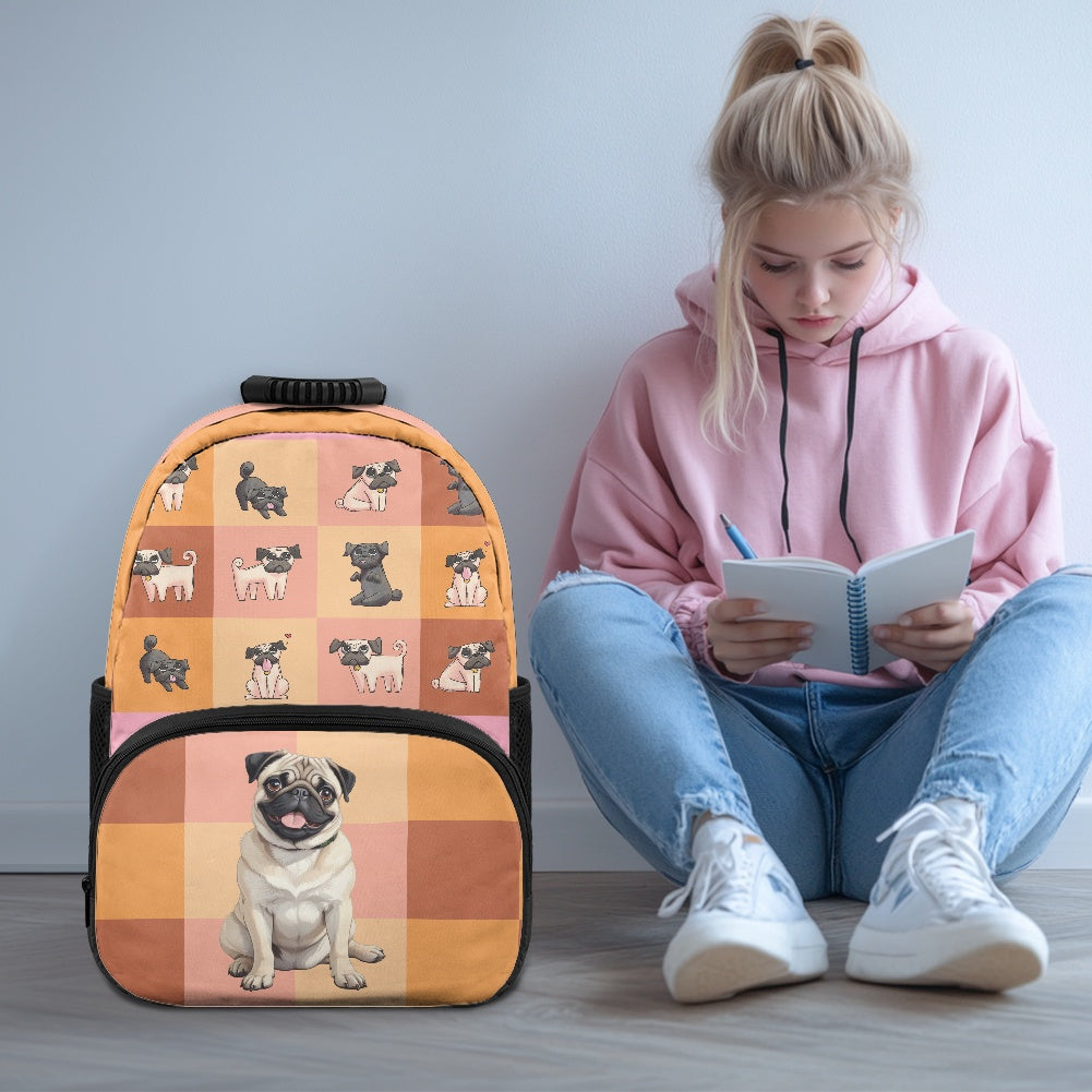 Adorable Pug Print Backpack with Checkered Design – 17-Inch School Bag
