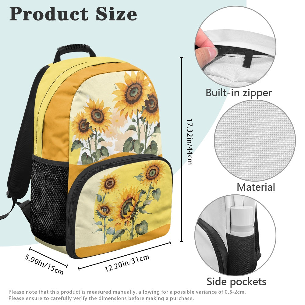 Floral School Bag with Sunflower Print – 17-Inch Backpack