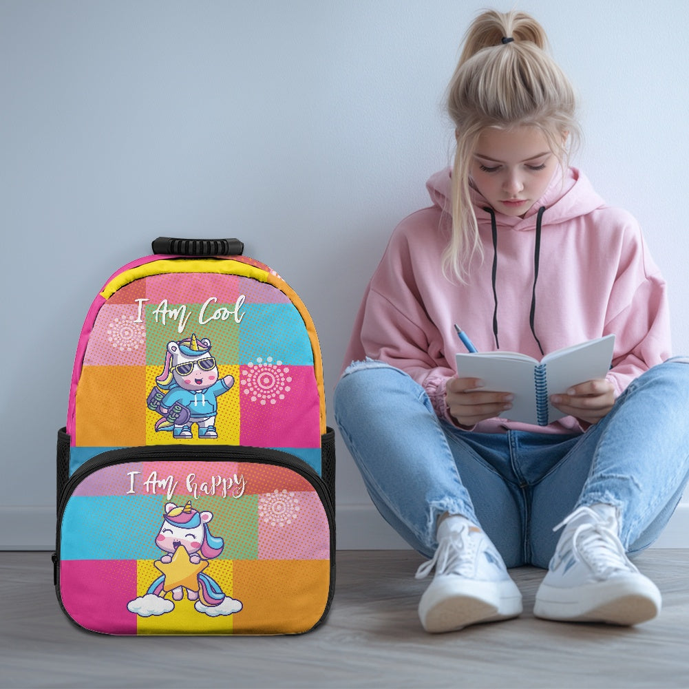 Colorful Cartoon Unicorn Print Backpack – 17-Inch School Bag
