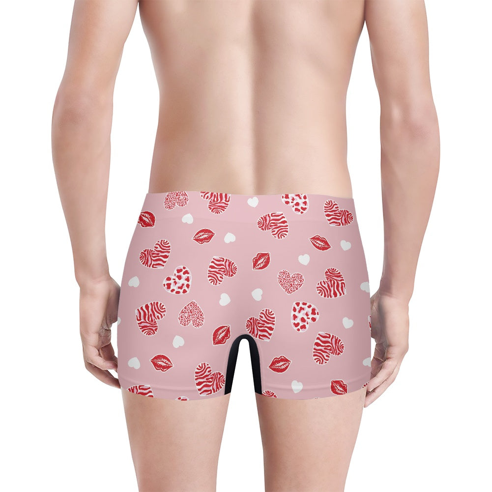 Pink Heart & Kiss Print Men's Boxer Briefs