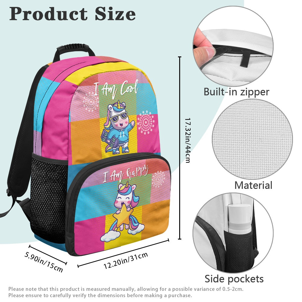 Colorful Cartoon Unicorn Print Backpack – 17-Inch School Bag
