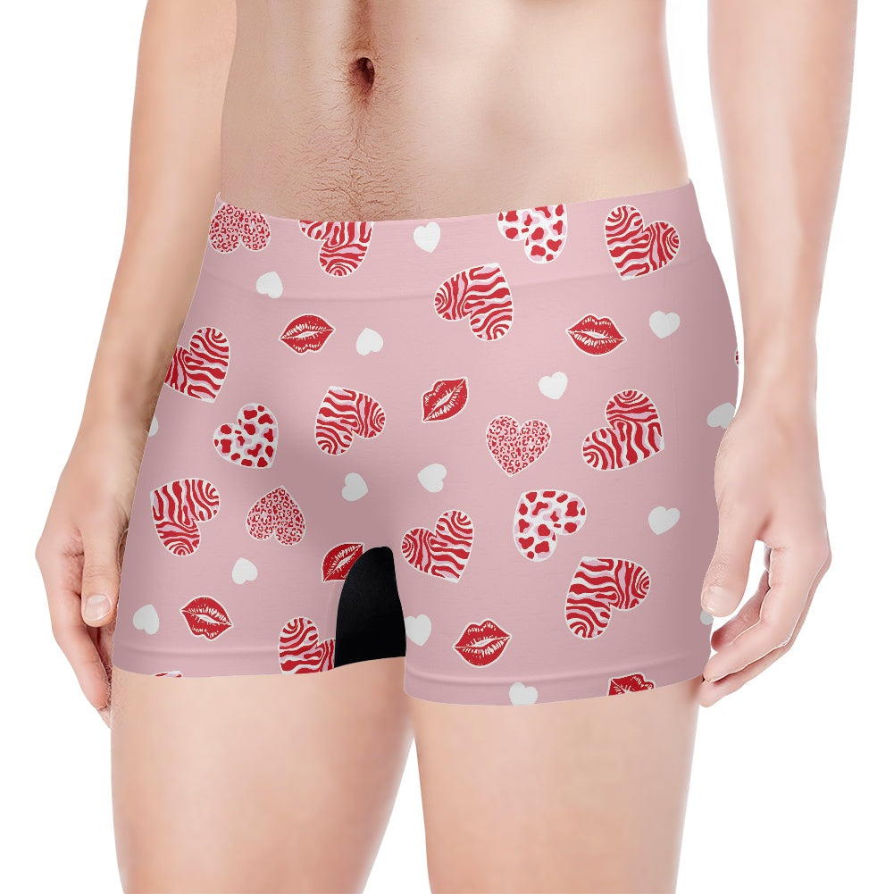 Pink Heart & Kiss Print Men's Boxer Briefs