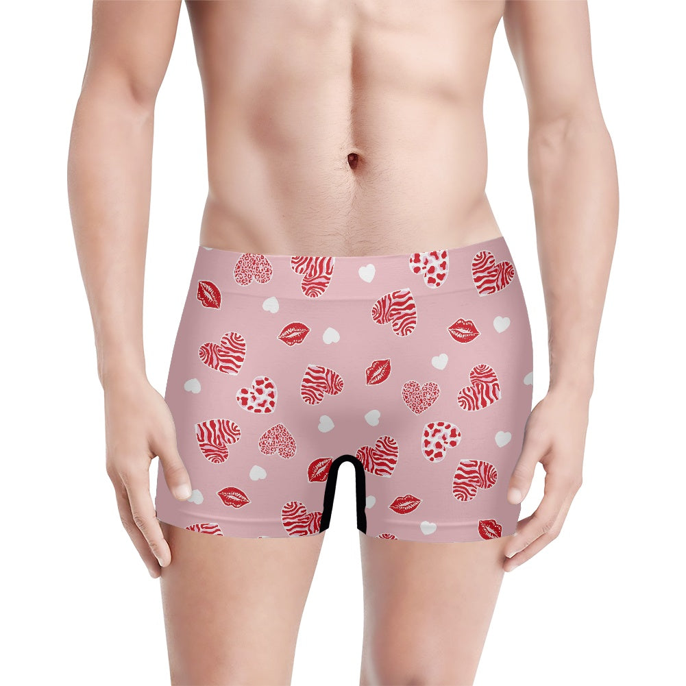 Pink Heart & Kiss Print Men's Boxer Briefs