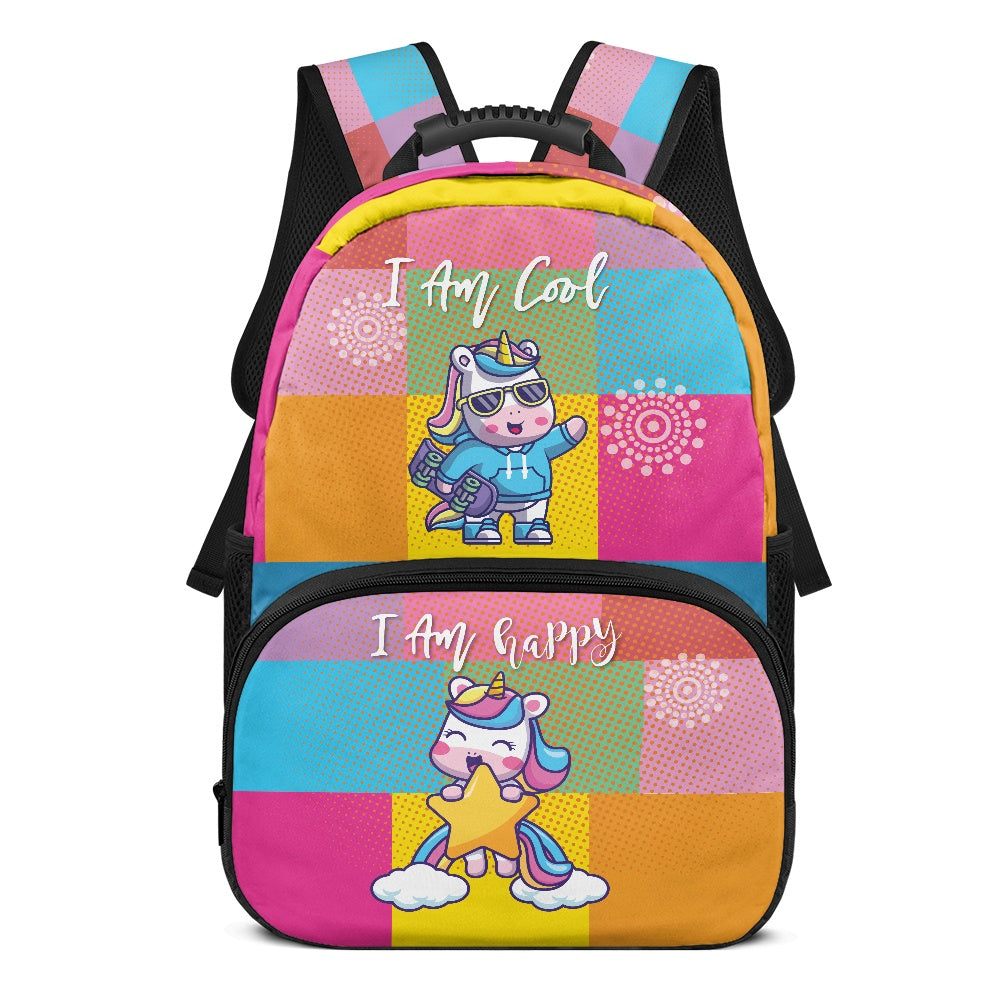 Colorful Cartoon Unicorn Print Backpack – 17-Inch School Bag