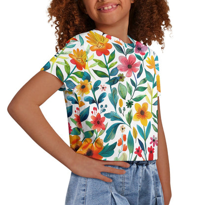 Floral Garden Crop Top - Girls Exposed Navel T-Shirt