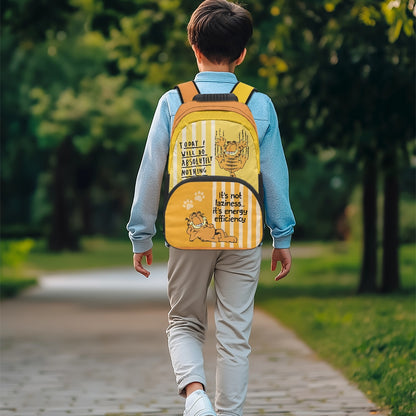 Yellow Cartoon Cat Print Backpack with Striped Design – 17-Inch School Bag