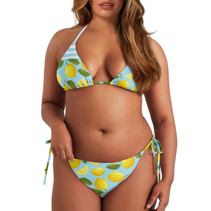 Vibrant Lemon-Print Striped Halter Bikini