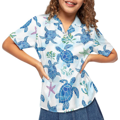 Tropical Ocean Print Sea Turtle Hawaiian Shirt for Kids