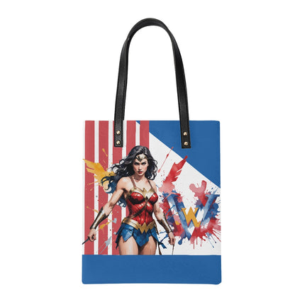 Stylish Superhero Print Tote – PU Leather Handbag