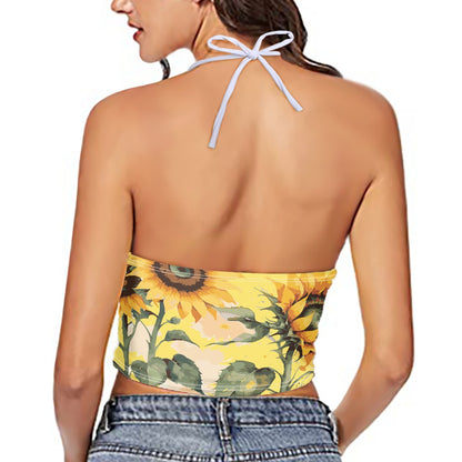 Sunflower Print Women's Halter Top With Backless