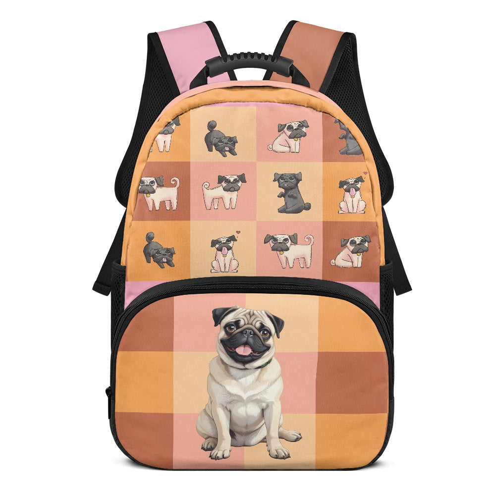 Adorable Pug Print Backpack with Checkered Design – 17-Inch School Bag