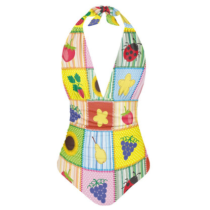 Colorful Patchwork Fruit Print Women's High Cut One-piece Swimsuit