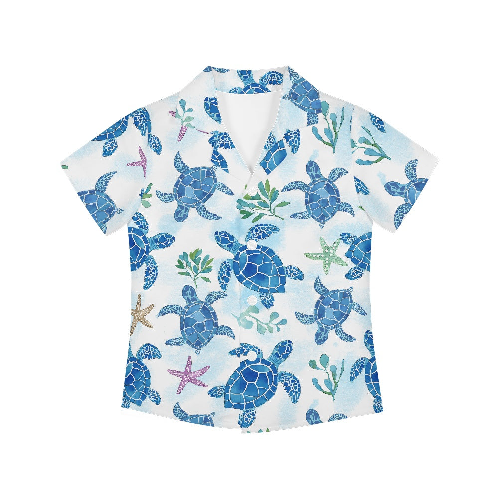 Tropical Ocean Print Sea Turtle Hawaiian Shirt for Kids