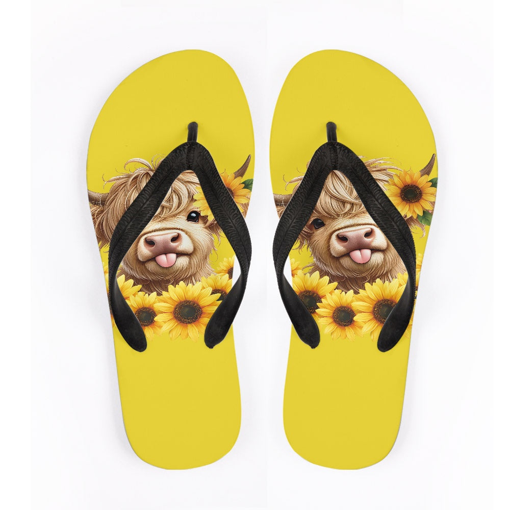 Highland Cow Sunflower Flip Flops