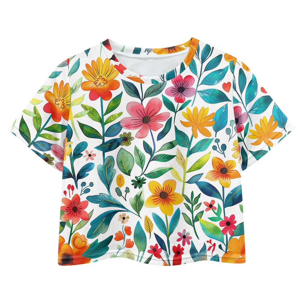 Floral Garden Crop Top - Girls Exposed Navel T-Shirt