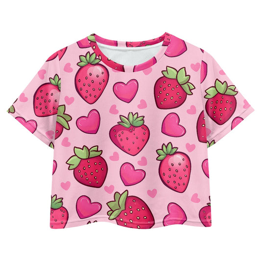 Strawberry Heart Crop Top - Girls Exposed Navel T-Shirt
