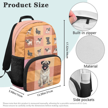 Adorable Pug Print Backpack with Checkered Design – 17-Inch School Bag