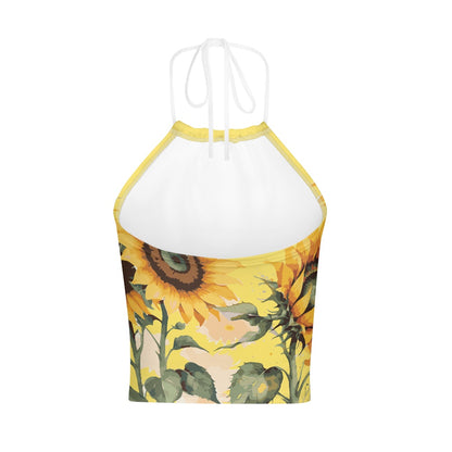 Sunflower Print Women's Halter Top With Backless
