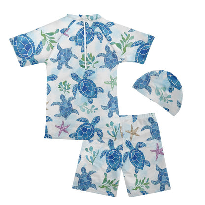 Sea Turtle Print Boys' Three-Piece Swimsuit Set