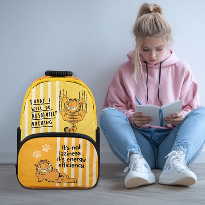 Yellow Cartoon Cat Print Backpack with Striped Design – 17-Inch School Bag