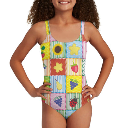 Girls' Patchwork Fruit Print One-Piece Swimsuit