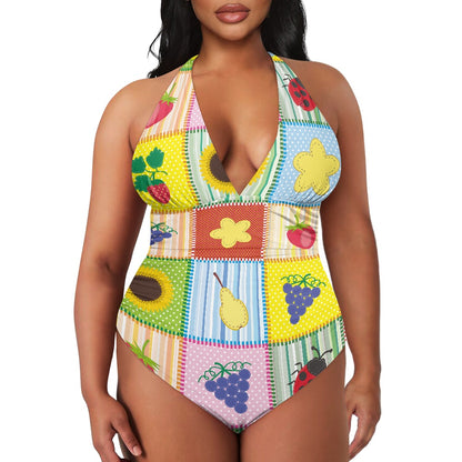 Colorful Patchwork Fruit Print Women's High Cut One-piece Swimsuit