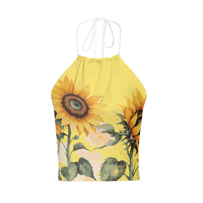 Sunflower Print Women's Halter Top With Backless