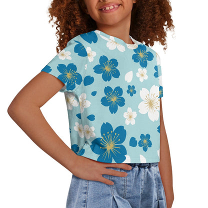 Blue Blossom Crop Top - Girls Exposed Navel T-Shirt
