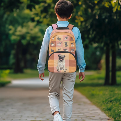 Adorable Pug Print Backpack with Checkered Design – 17-Inch School Bag