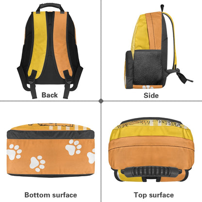 Yellow Cartoon Cat Print Backpack with Striped Design – 17-Inch School Bag