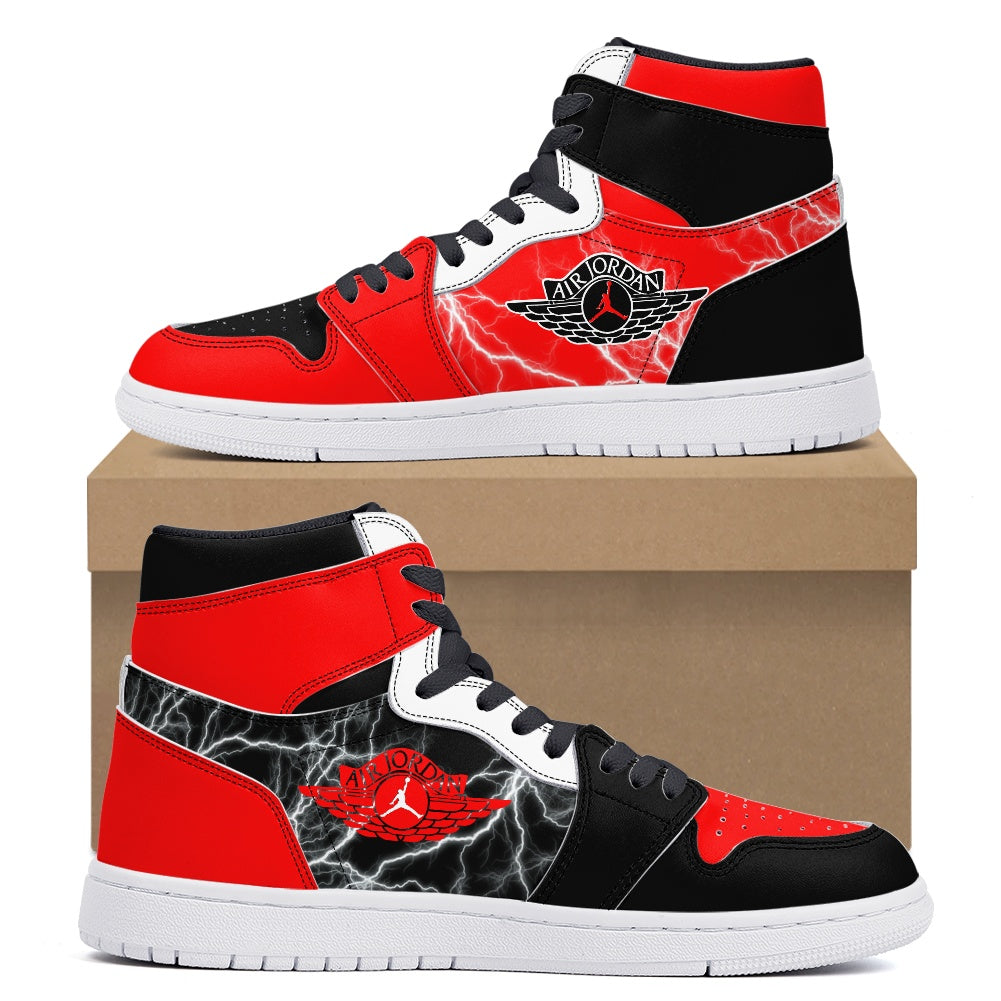 Custom Air Jordan Style Red & Black Lightning High-Top Sneakers