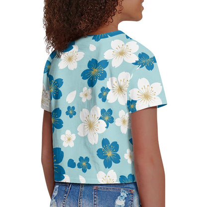 Blue Blossom Crop Top - Girls Exposed Navel T-Shirt