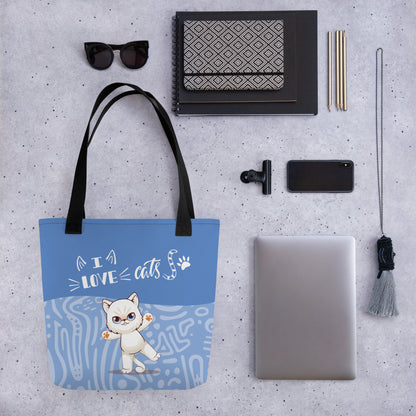 I Love Cats Blue Tote Bag