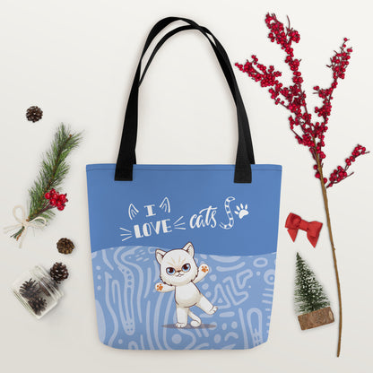 I Love Cats Blue Tote Bag