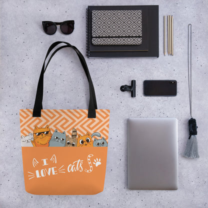 I Love Cats Orange Grey Tote Bag