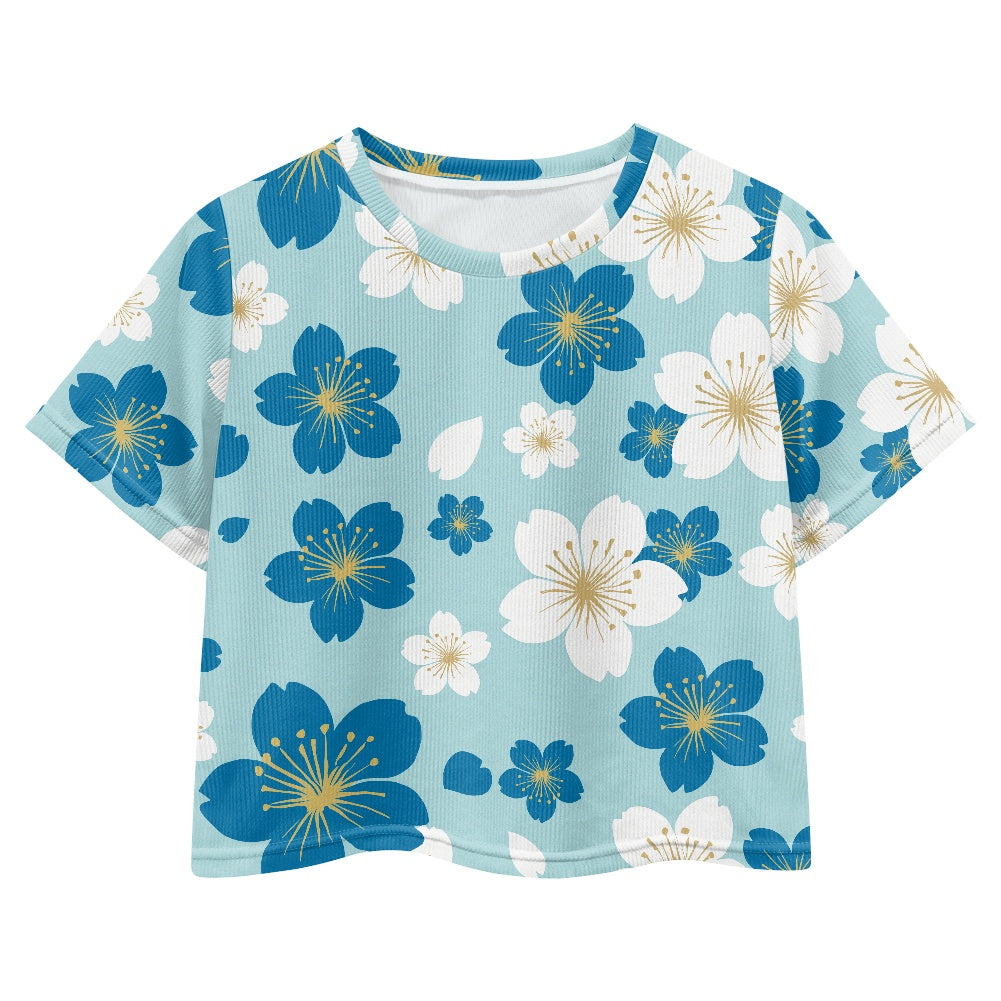 Blue Blossom Crop Top - Girls Exposed Navel T-Shirt