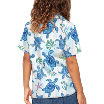 Tropical Ocean Print Sea Turtle Hawaiian Shirt for Kids
