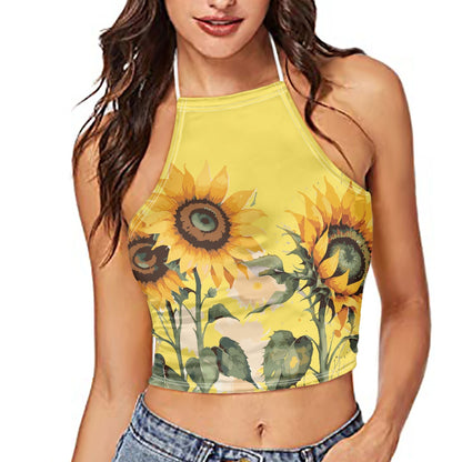 Sunflower Print Women's Halter Top With Backless