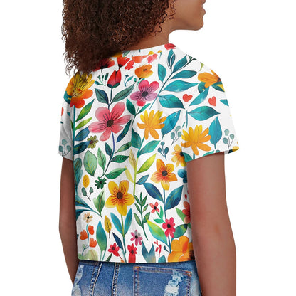 Floral Garden Crop Top - Girls Exposed Navel T-Shirt