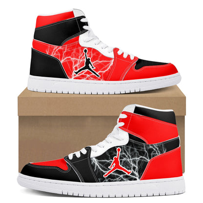 Custom Air Jordan Style Red & Black Lightning High-Top Sneakers