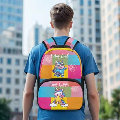 Colorful Cartoon Unicorn Print Backpack – 17-Inch School Bag