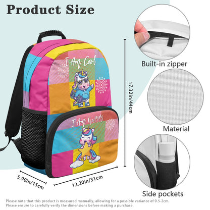 Colorful Cartoon Unicorn Print Backpack – 17-Inch School Bag