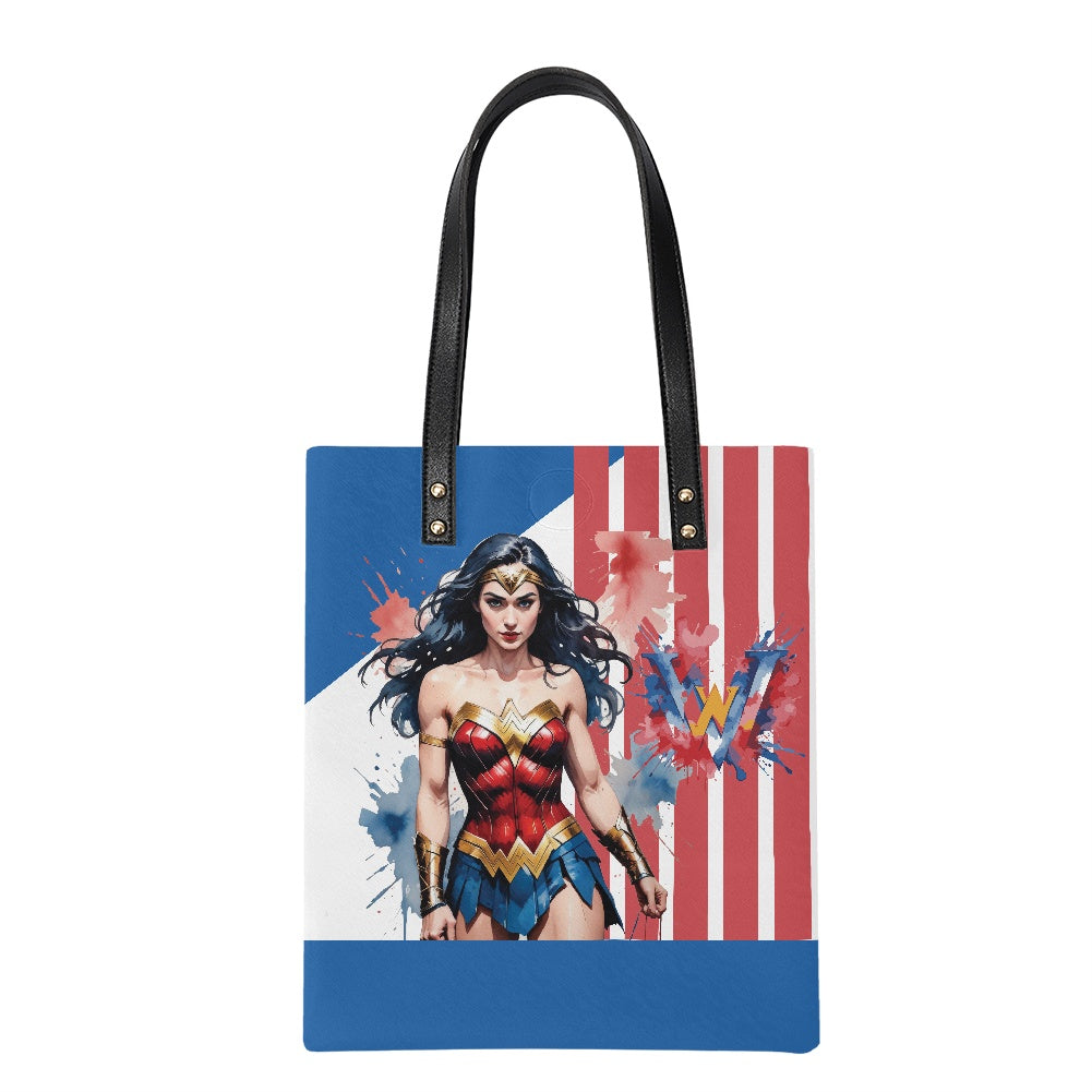 Stylish Superhero Print Tote – PU Leather Handbag